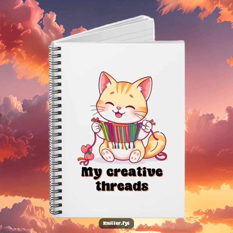 Happy cat character expertly weaving a tapestry with its paws, on a notebook.