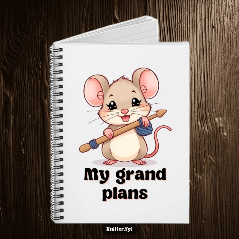 Funny mouse notebook, a small mouse holding oversized knitting needles with a determined grin, perfect for notes.