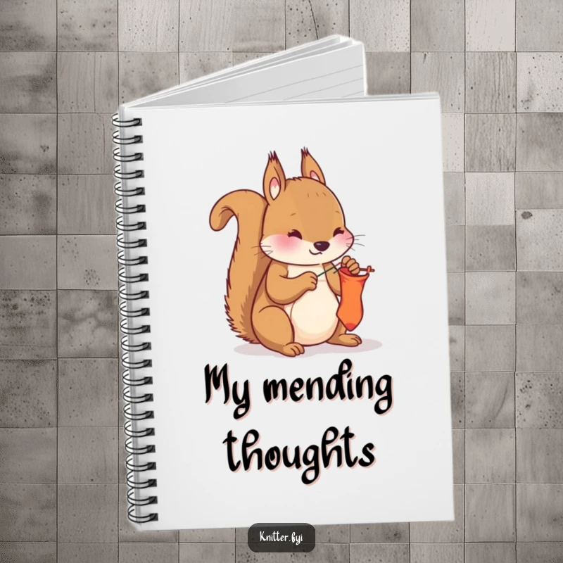 Funny squirrel mending notebook, a diligent squirrel sewing a sock with needle and thread, perfect for creative notes.