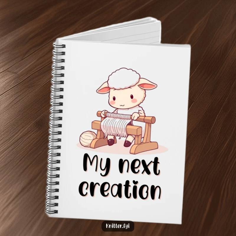 Cute sheep character diligently operating a knitting loom, on a notebook.