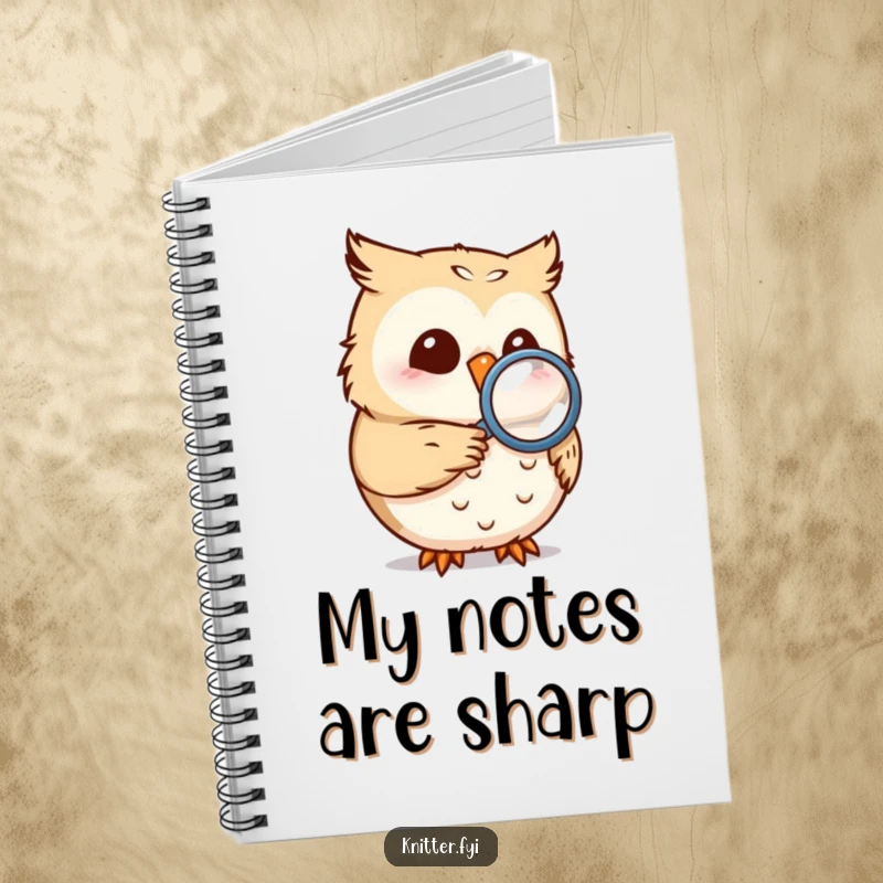 Funny owl notebook featuring a smiling owl with a magnifying glass examining a seam, great for humorous note-taking.