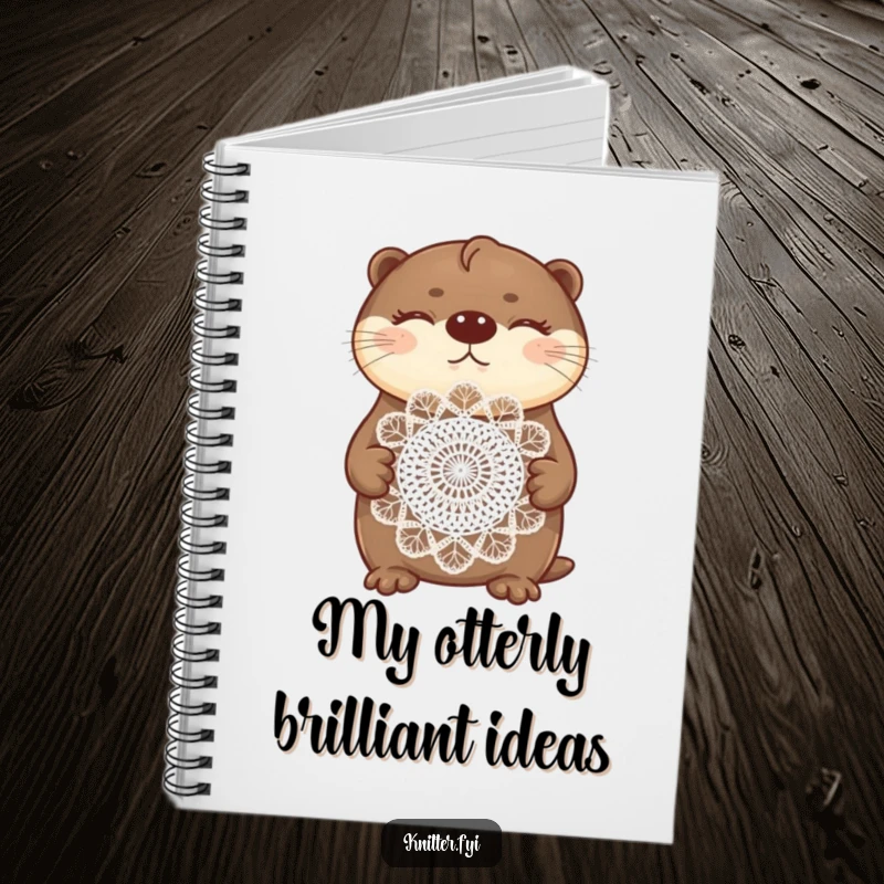 Funny otter notebook featuring a proud otter displaying a beautifully crocheted doily, ready for notes.