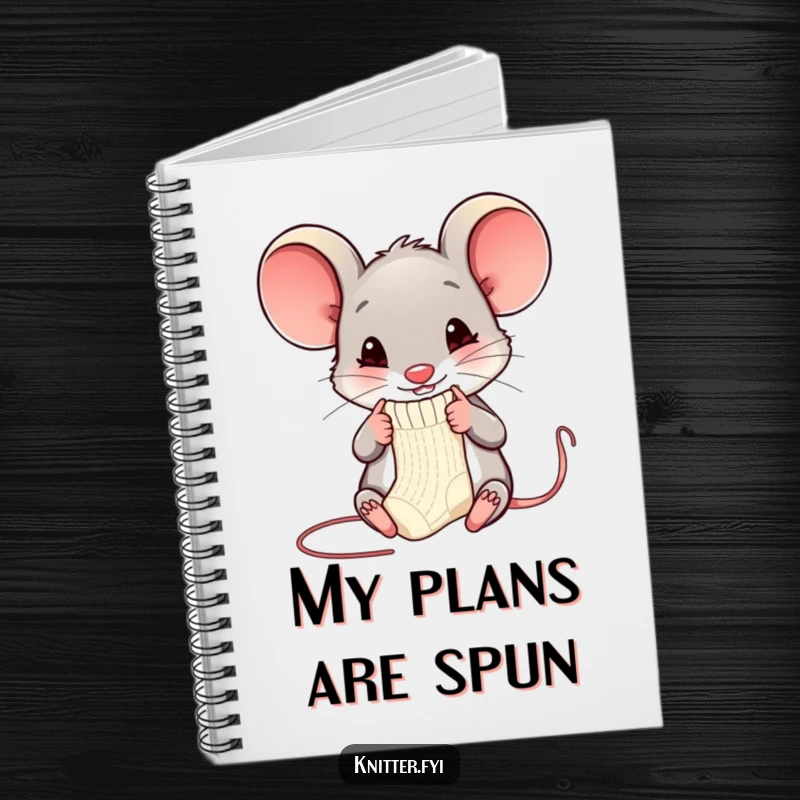 Funny mouse notebook featuring a happy mouse knitting, ideal for humorous pattern planning and note-taking.