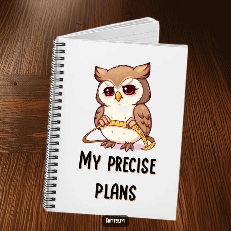 Funny notebook featuring a determined owl character expertly measuring fabric with a tiny, shiny tape measure, ideal for project planning.