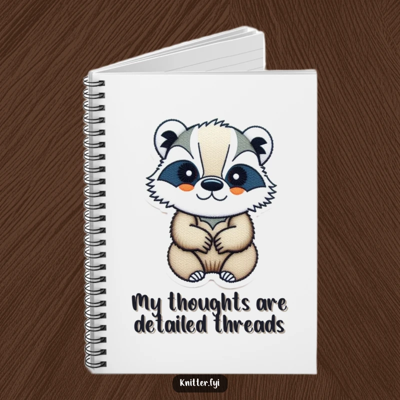 Funny badger notebook featuring a determined badger with embroidery supplies, ideal for humorous design planning.