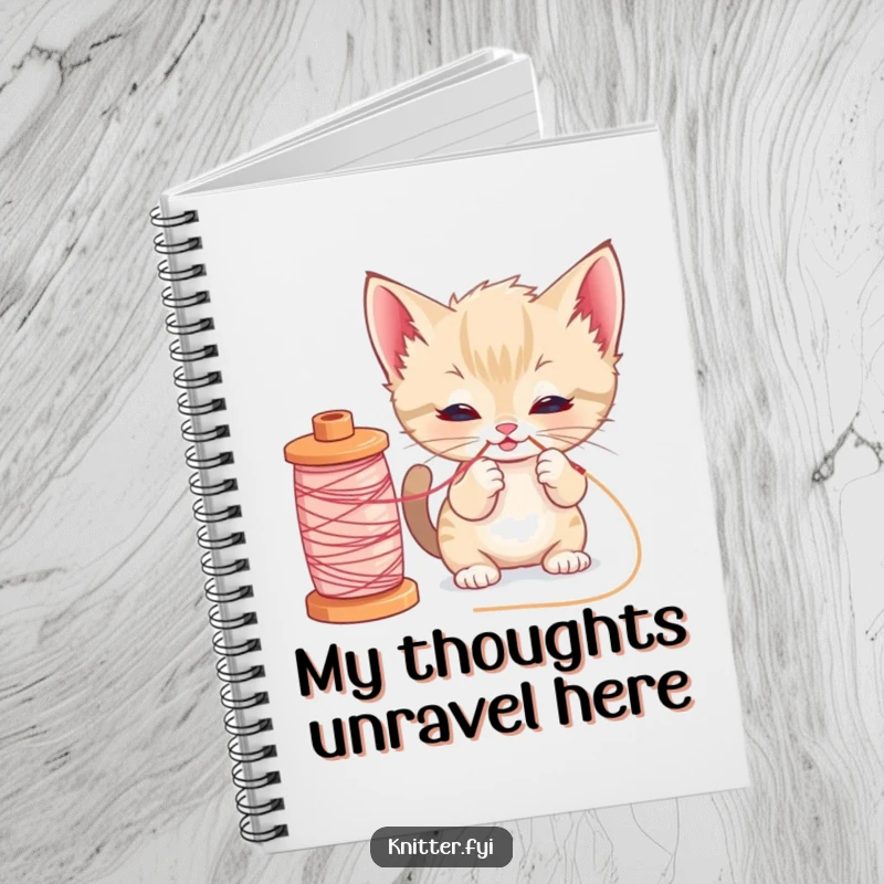 Funny kitten sewing notebook with a curious cat playfully pulling loose thread from a yarn spool, perfect for notes.