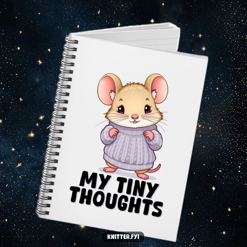 Funny mouse notebook with a curious mouse trying on a miniature knitted sweater, ideal for journaling and note-taking.