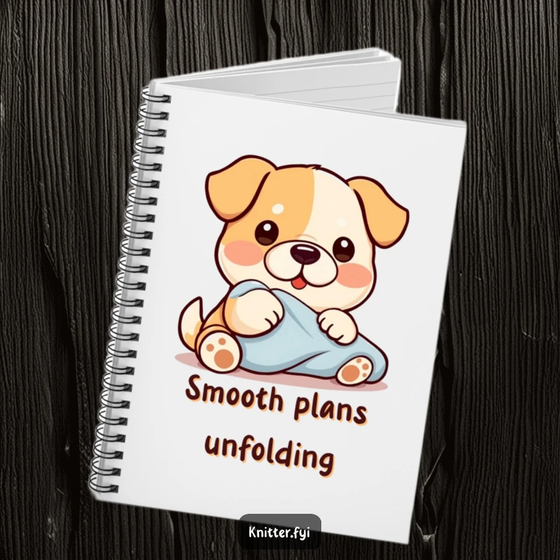 Funny Kawaii dog character diligently smoothing fabric with its paw, a charming and functional notebook cover.