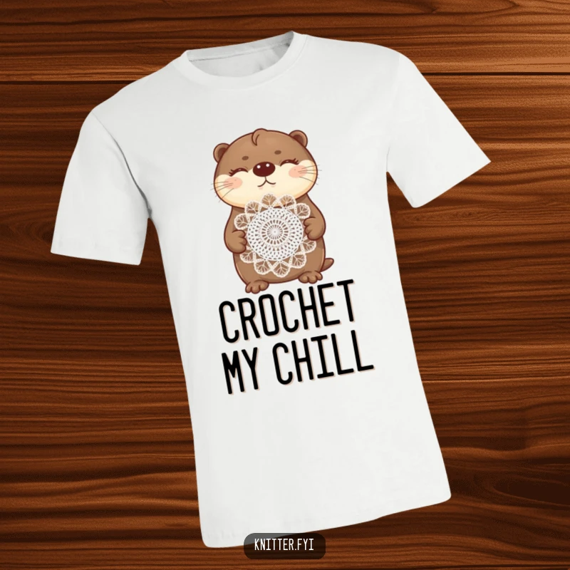 Funny otter t-shirt featuring a proud otter contentedly displaying a beautifully crocheted doily with eyes closed.