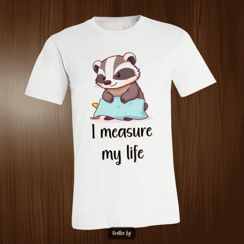 Funny content badger t-shirt measuring fabric with a tape measure, a humorous wearable for crafty individuals.