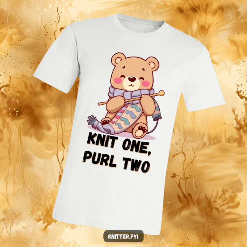 Funny t-shirt of a cheerful bear character knitting a long, vibrant scarf with large needles, celebrating the joy of knitting.