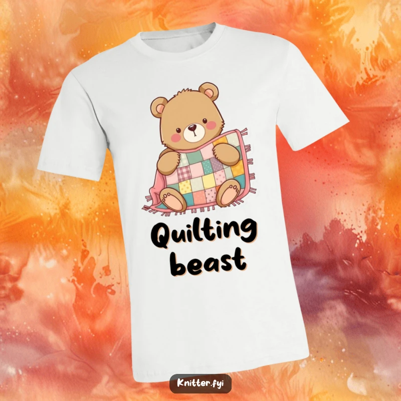 Funny Bear T-Shirt: A determined bear proudly sews a patchwork quilt, embodying crafting dedication.