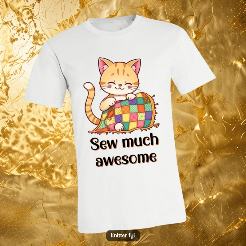 Funny cat t-shirt featuring a focused, smiling cat expertly stitching a vibrant, detailed patchwork quilt.