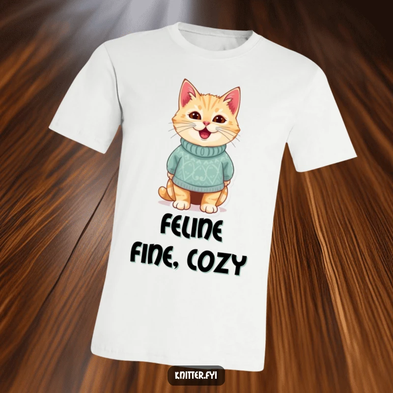 Funny t-shirt featuring a delighted cat proudly wearing a miniature, handmade knitted sweater. A heartwarming and humorous design, perfect funny gift.