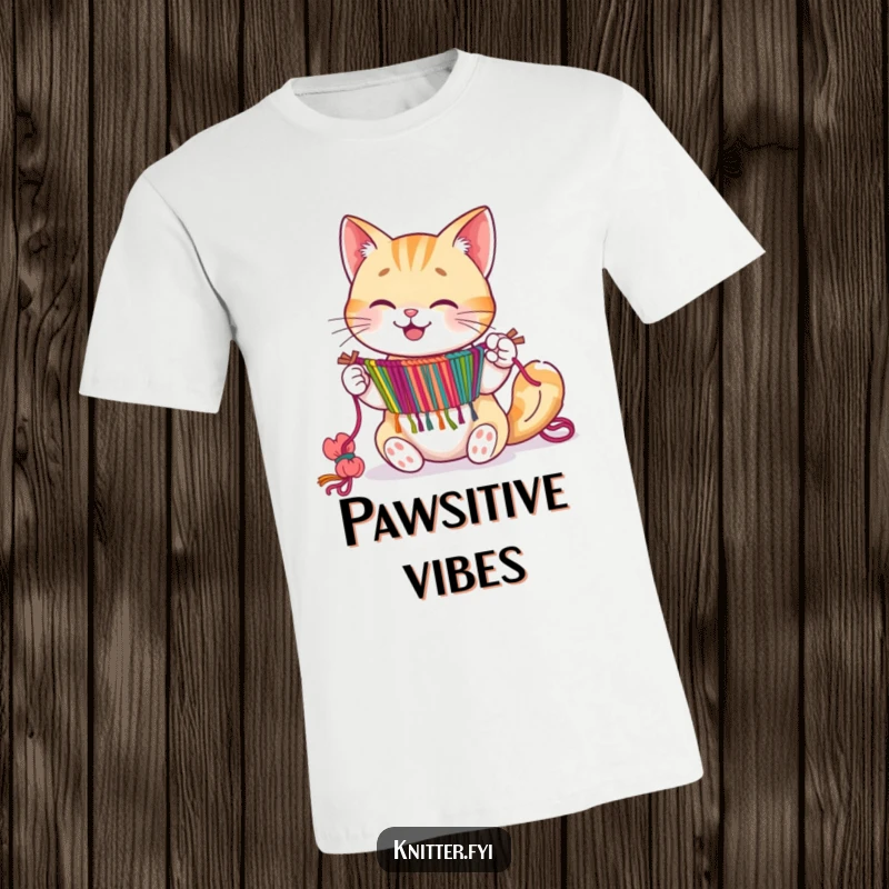 Happy cat character skillfully weaving a colorful tapestry with its paws, printed on a t-shirt.