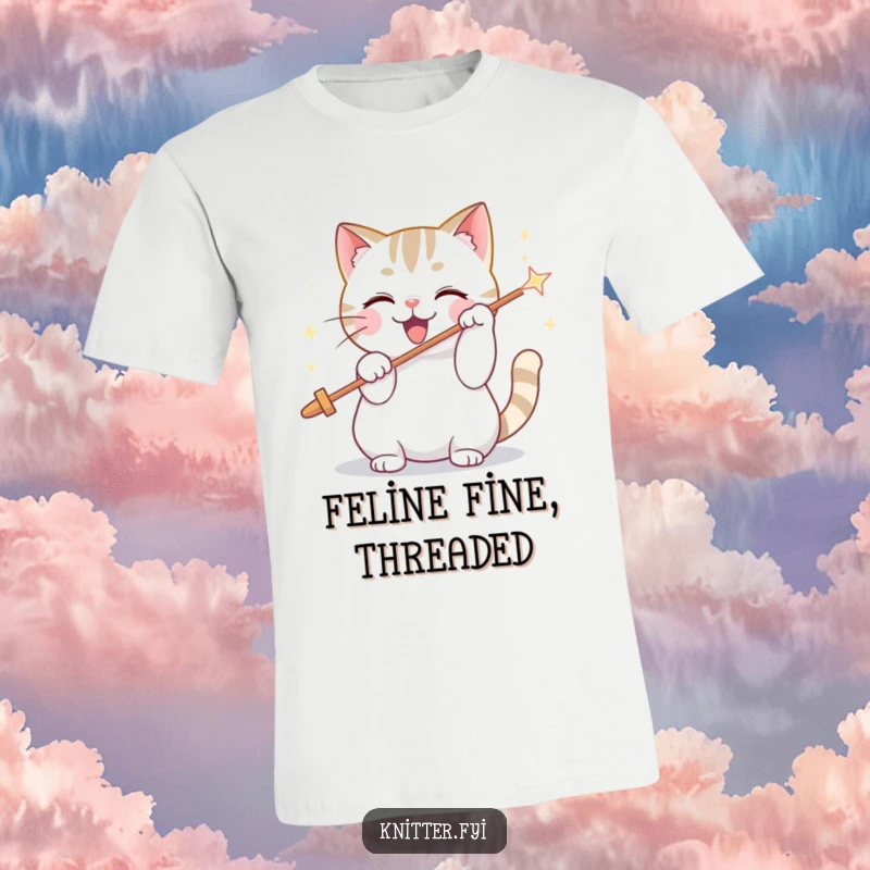 Funny t-shirt with a playful cat character enthusiastically threading a giant, sparkling needle, showcasing determination and fun.