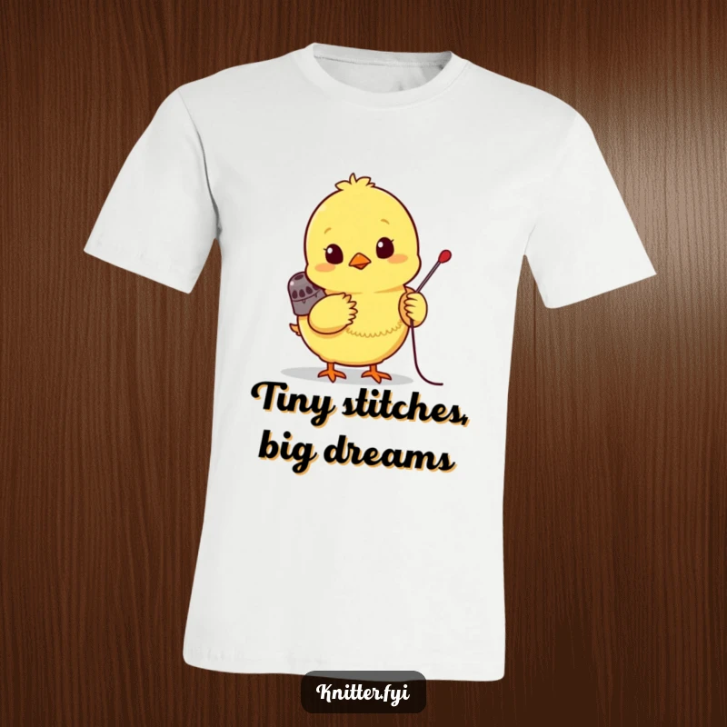 Funny chick t-shirt, a bright yellow chick wearing a tiny thimble, eagerly pushing a needle, dedicated to sewing.