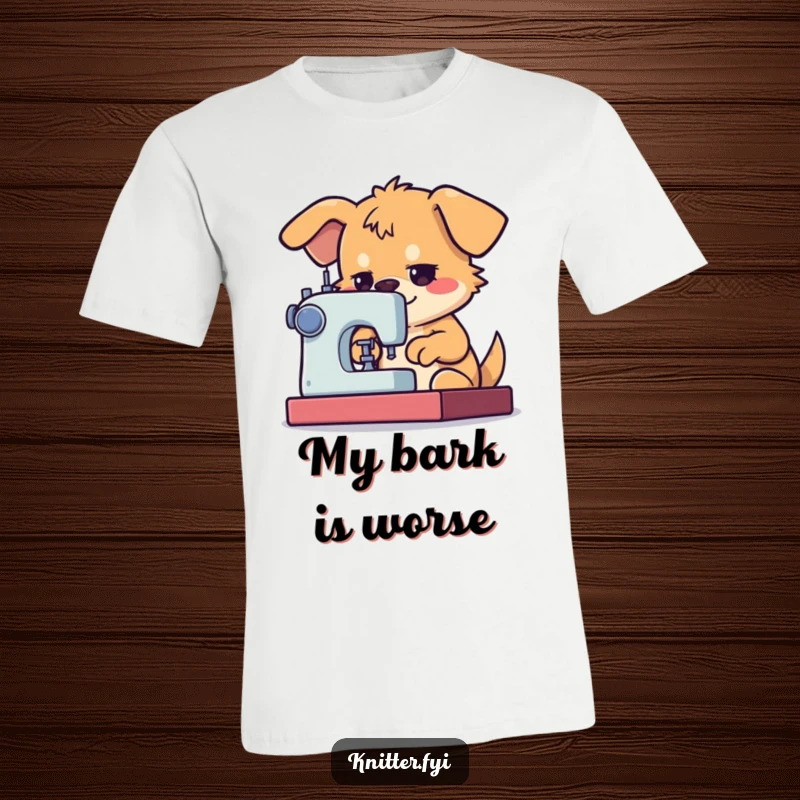 Funny Dog T-Shirt featuring a determined dog character using a sewing machine with great focus, perfect for sewers.