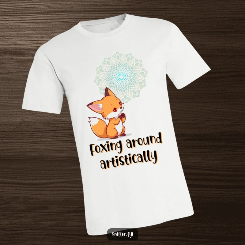 Funny t-shirt of a curious fox character examining a complex lace pattern being woven in the air, highlighting intricate beauty.
