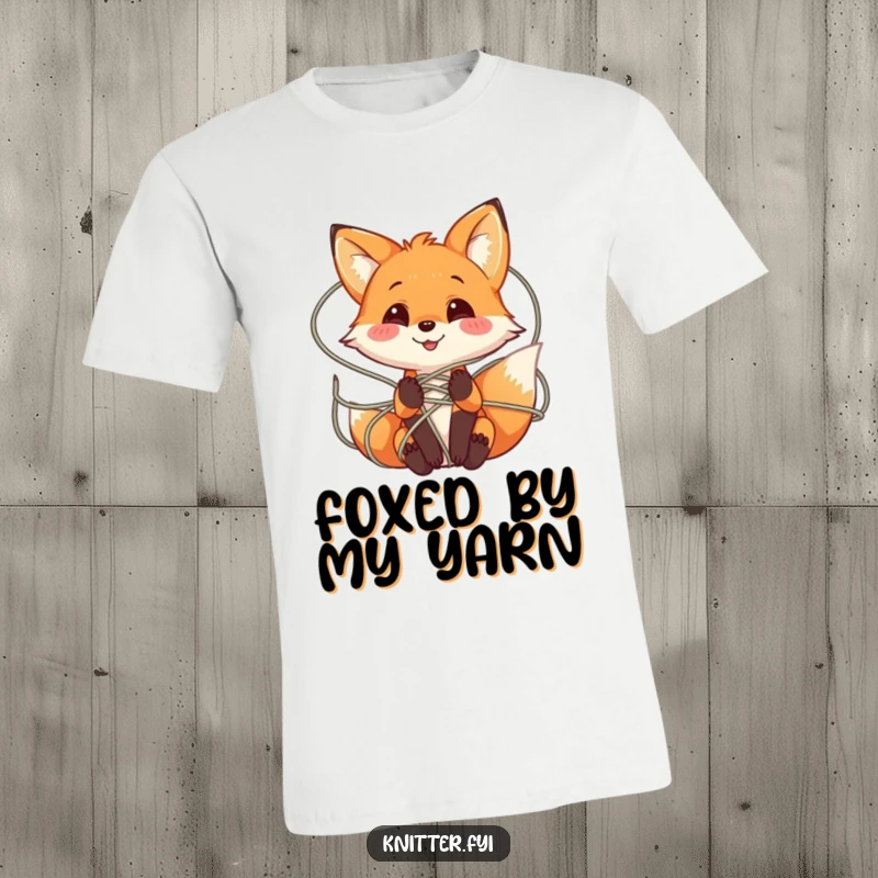 Funny Fox Yarn T-Shirt featuring a playful fox character smiling while tangled in a web of colorful yarn, great for knitters.
