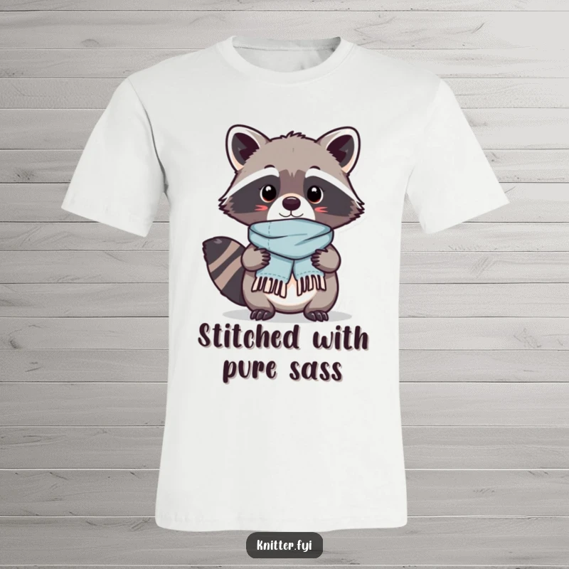 Funny Kawaii raccoon character proudly displaying a small, perfectly stitched scarf it just finished creating, a charming t-shirt graphic.