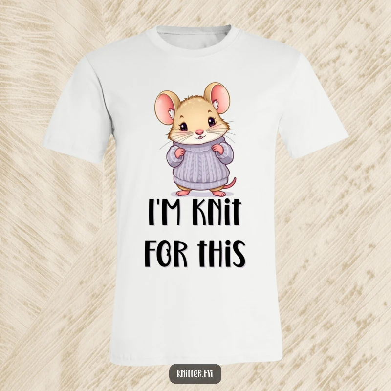 Funny mouse t-shirt featuring a curious mouse trying on a miniature knitted sweater, a whimsical and humorous wearable.