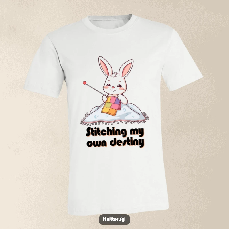 Funny t-shirt displaying a happy rabbit character sewing a vibrant patch onto a blanket with oversized needle, perfect for crafters.