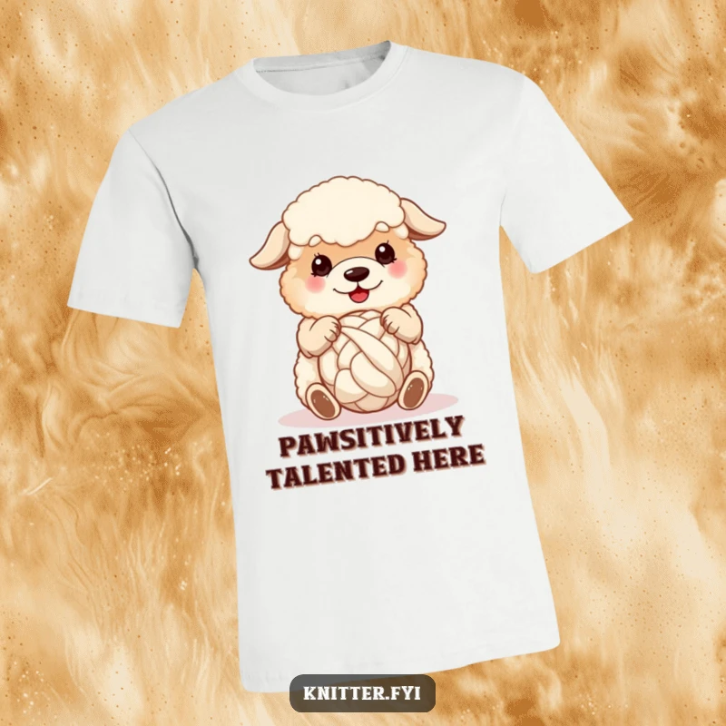 Funny sheepdog t-shirt, a fluffy dog happily spinning a ball of wool with its paws, cute and creative.