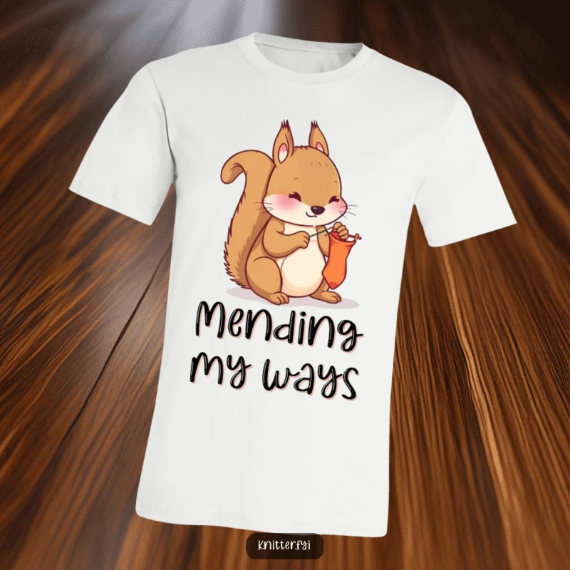 Funny curious squirrel t-shirt, actively mending a sock with needle and thread, embodying resourcefulness and humor.