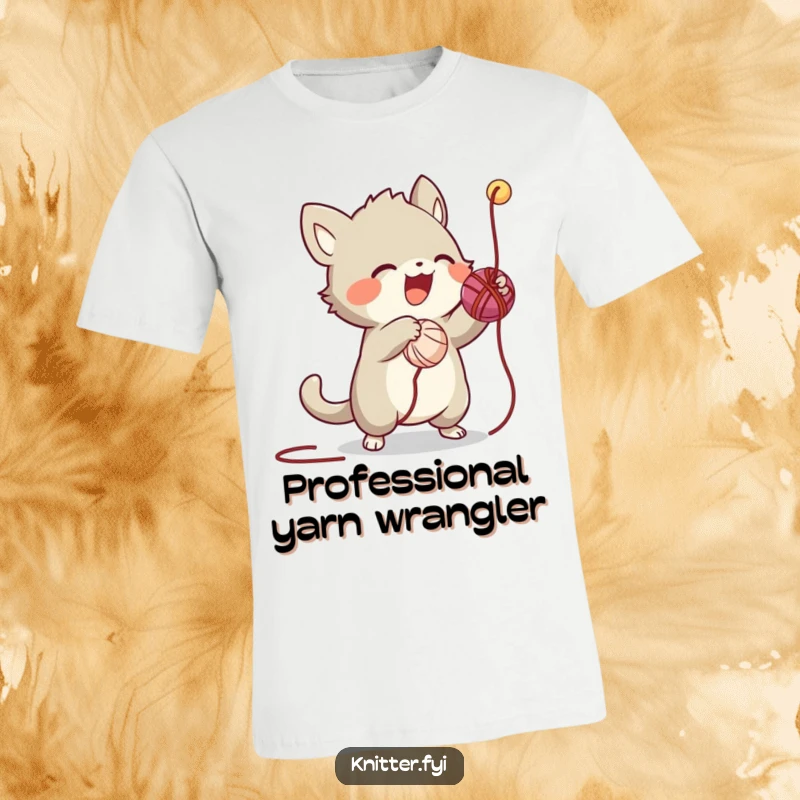 Funny t-shirt with an energetic creature enthusiastically playing with a ball of yarn and a dangling thread, showcasing pure joy.