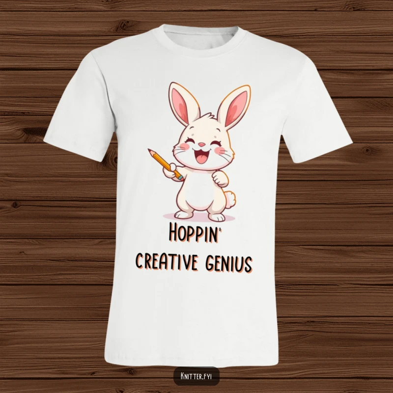 Funny bunny pattern t-shirt where a joyful rabbit casts a design onto fabric with a pencil, ideal for artists.