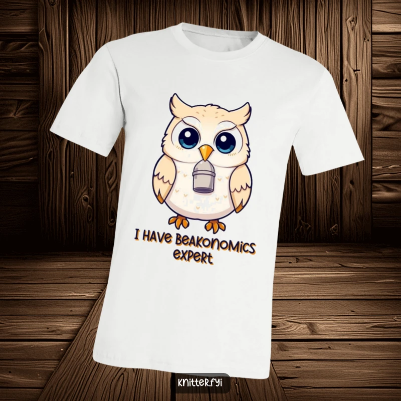 Funny owl t-shirt with a thimble on its beak, looking delighted and ready for sewing, a humorous wearable art piece.