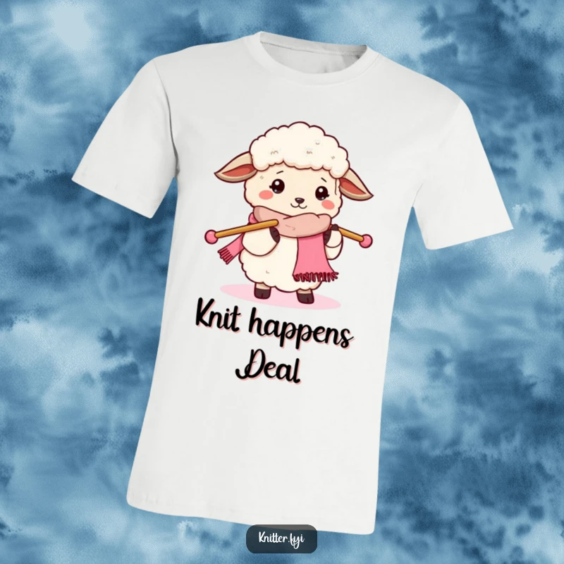 Funny fluffy sheep t-shirt, enthusiastically knitting a scarf with oversized needles, a symbol of cozy creativity.