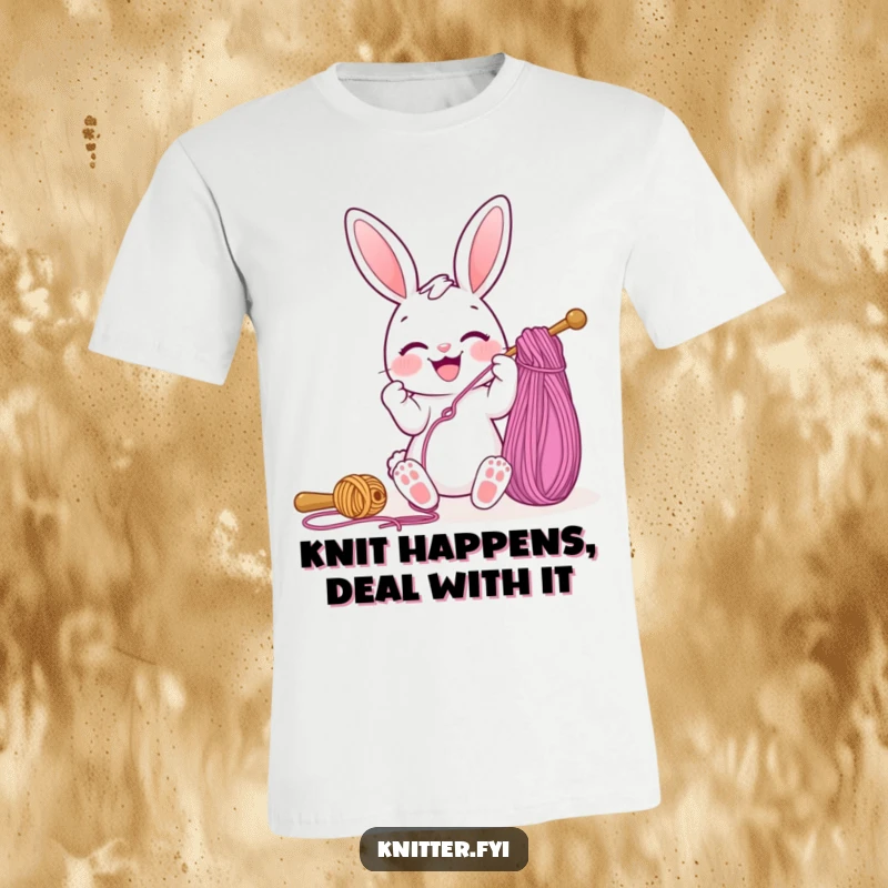Funny t-shirt with a joyful bunny character, smiling widely while threading a giant sewing needle with vibrant yarn, a hilarious crafter design.