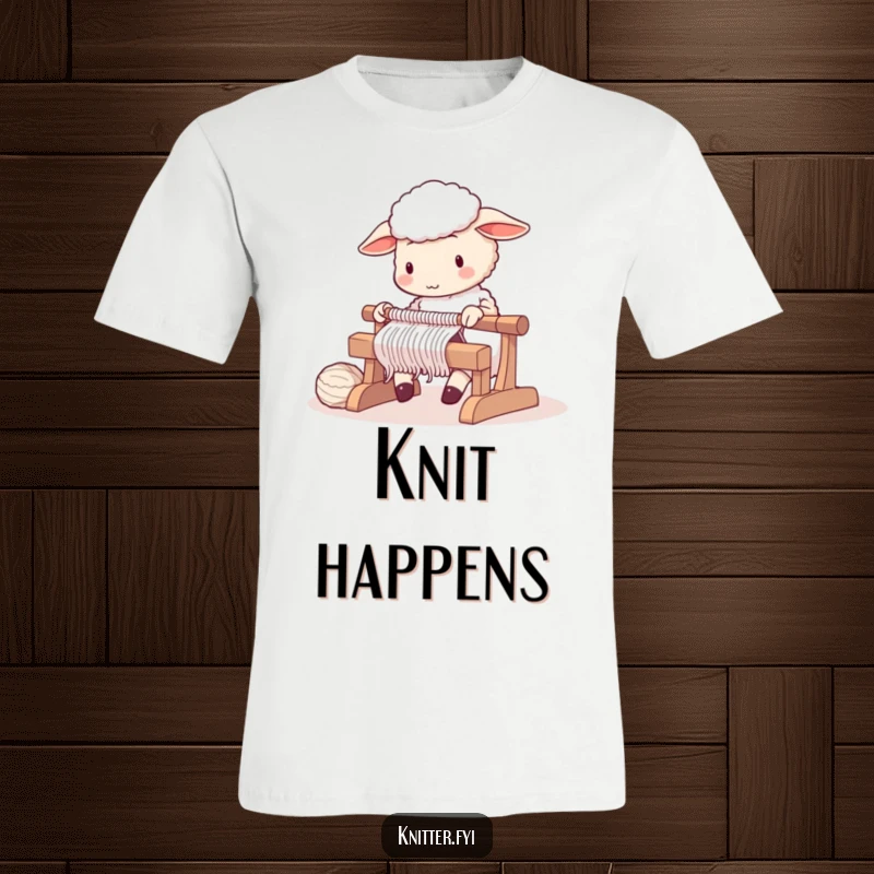 Cute, diligent sheep character operating a large, clacking knitting loom, printed on a t-shirt.