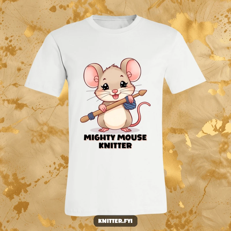 Funny mouse t-shirt, a small mouse holding oversized knitting needles with a determined grin, focused on crafting.