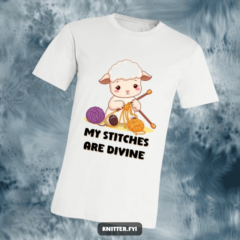 Funny Sheep T-Shirt featuring a cute sheep character busily threading colorful yarn onto a large needle, ideal for knitters.