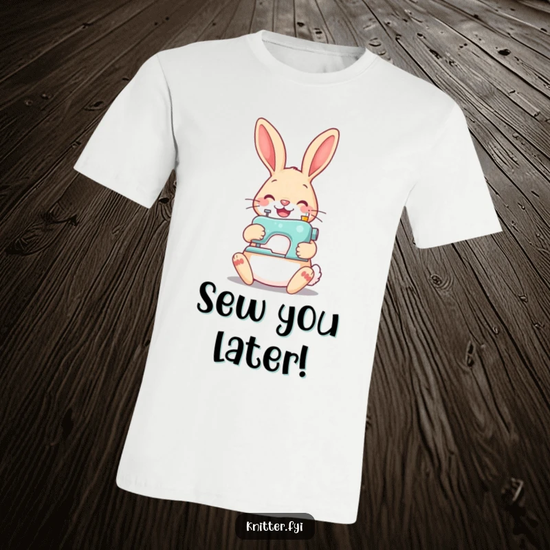 Funny cheerful rabbit t-shirt, happily sewing a button with a tiny machine, showcasing a love for crafting.