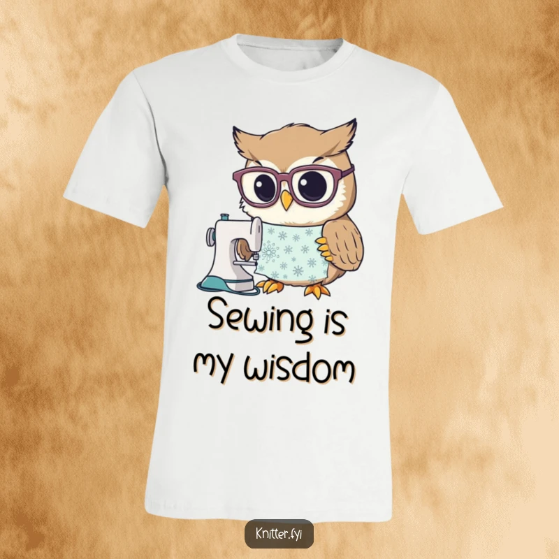 Funny t-shirt with a curious owl wearing oversized spectacles, meticulously examining a detailed sewing pattern, a clever design for crafters.
