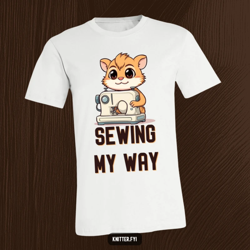 Funny T-Shirt: A determined creature with focused eyes smiles while sewing on a miniature sewing machine.