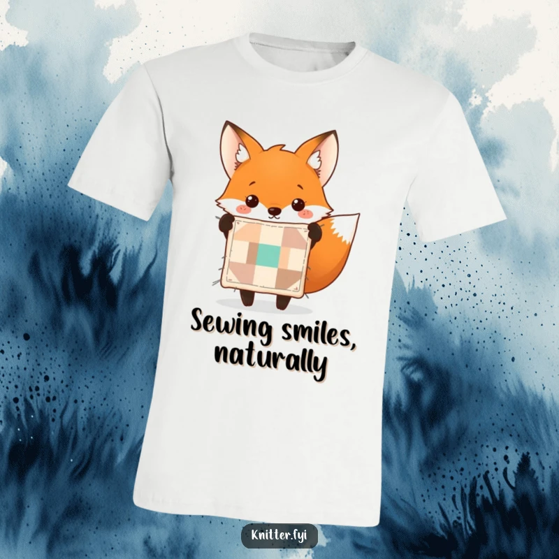 Funny fox t-shirt showing a cheerful fox proudly displaying a perfectly stitched tiny quilt. Great for sewing enthusiasts.