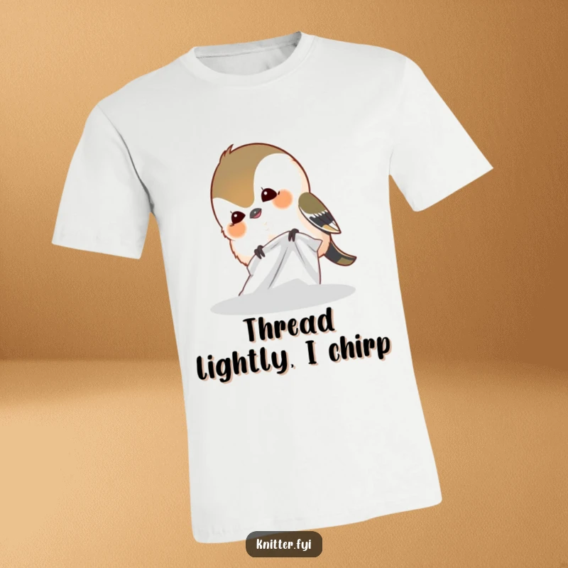 Funny t-shirt with a giggling chickadee bird mid-peck on fabric, showcasing an expression of delightful mischief and humor.