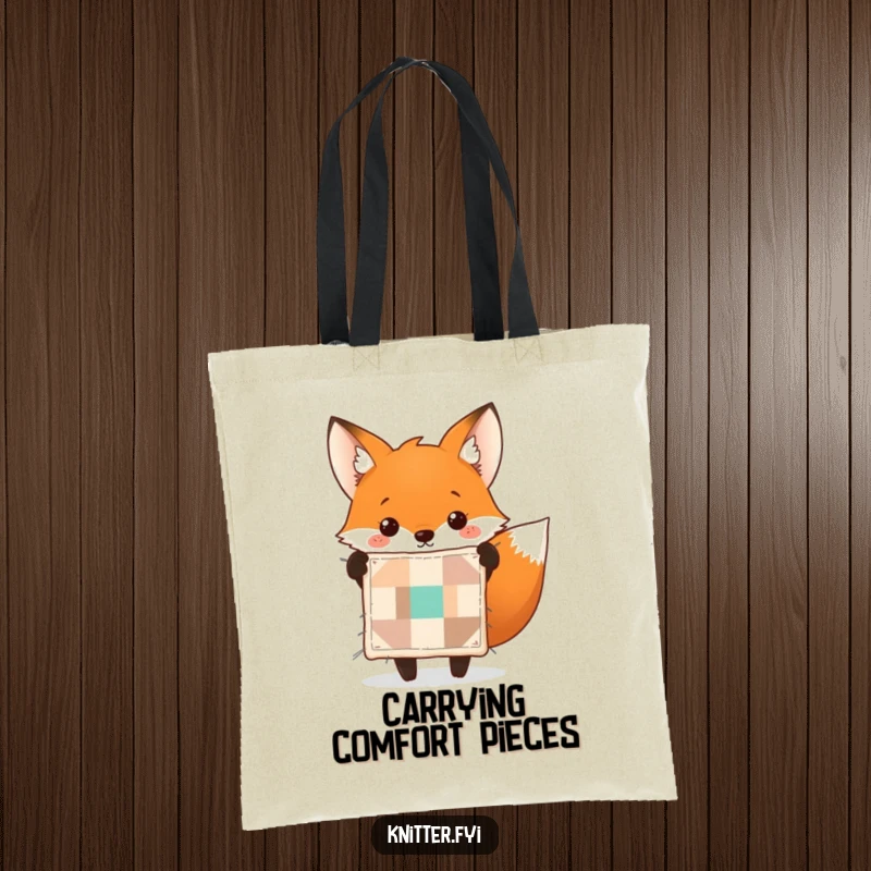 Funny fox tote bag showing a cheerful fox holding up a perfectly stitched tiny quilt. Ideal for carrying supplies.