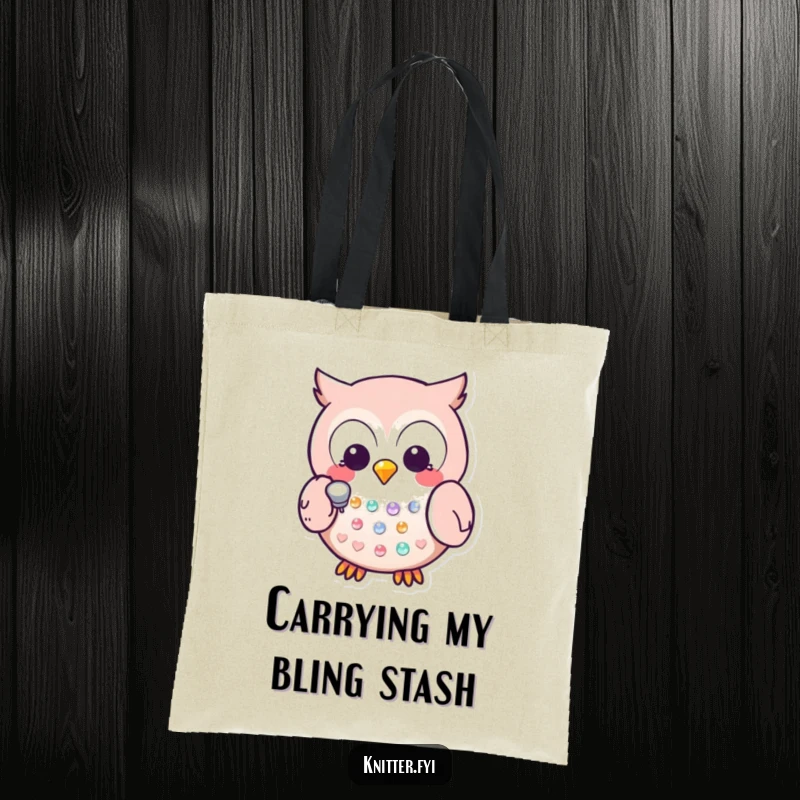 Funny Kawaii owl character meticulously tapping a sequin with a thimble, a practical and humorous tote bag design.