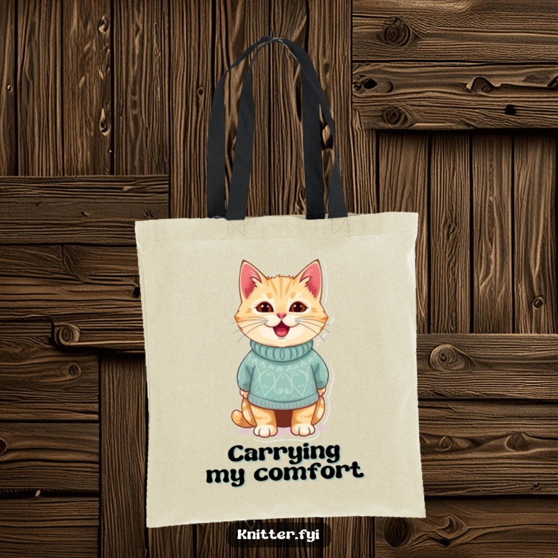 Funny tote bag featuring a delighted cat wearing a cozy, handmade sweater. A stylish and humorous accessory, perfect funny gift.