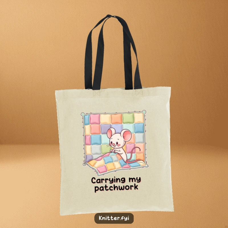 Funny Kawaii mouse character giggling while sewing colorful patches onto a giant, wobbly quilt, a practical and humorous tote bag.