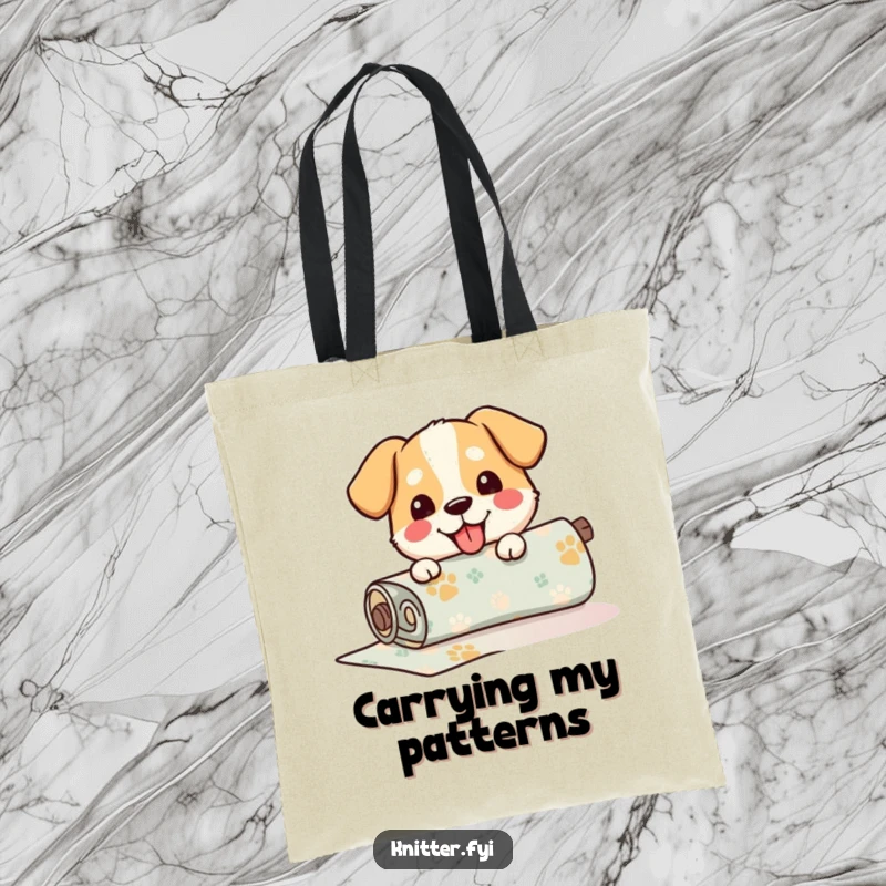 Funny Tote Bag showcasing a happy dog carefully unrolling a roll of patterned fabric, a charming and practical accessory.