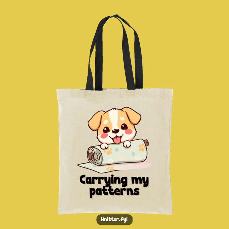 Funny Dog Fabric Tote Bag: Happy Pup Unrolling Pattern, Great Funny Gift for Crafters