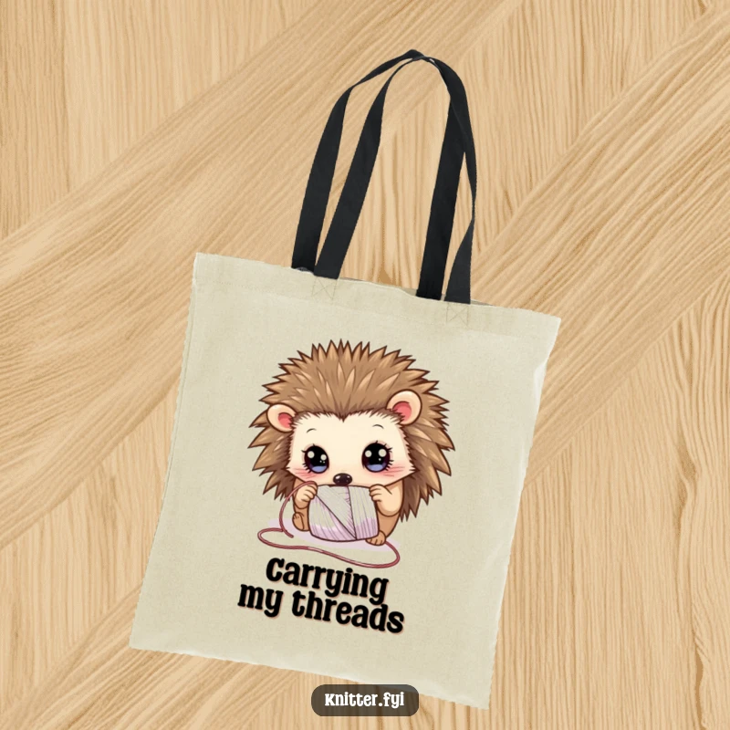Funny Tote Bag showcasing a curious hedgehog with wide eyes, examining a spool of shimmering thread, a charming and practical accessory.