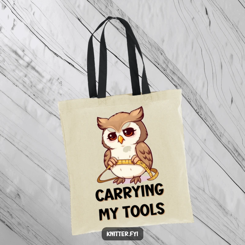 Funny tote bag with a determined owl character expertly measuring fabric with a tiny, shiny tape measure, perfect for sewing projects.